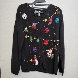 Holiday Editions Sweater Womens Medium Christmas Cardigan Santa Snowman Fun